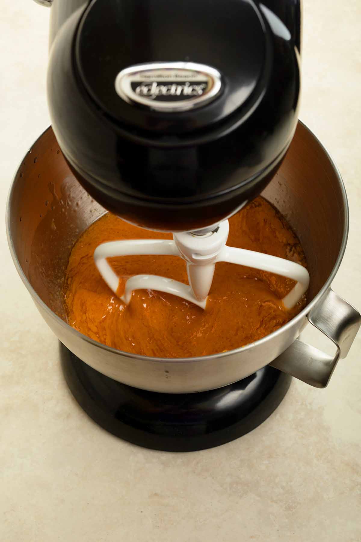 eggs water and pumpkin puree in stand mixer